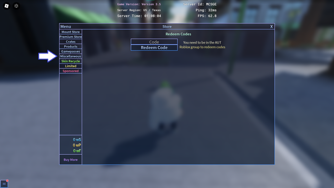 Une capture d'écran de A Universal Time in Roblox montrant la page des codes du jeu.