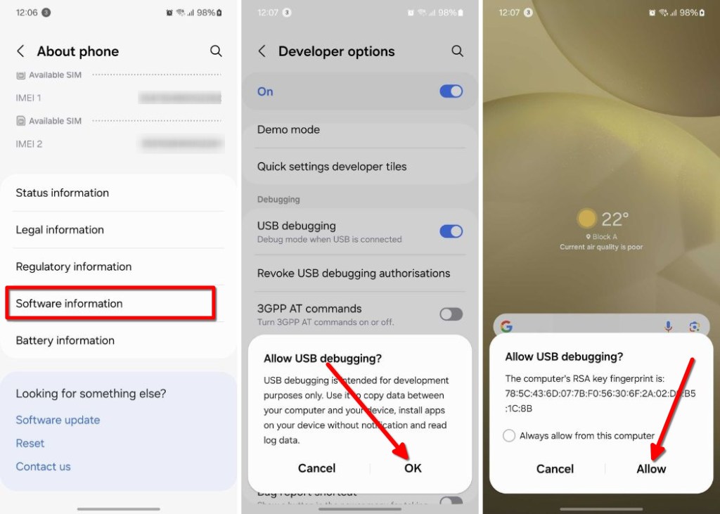 Samsungin asetukset ja USB-virheenkorjauksen salliminen