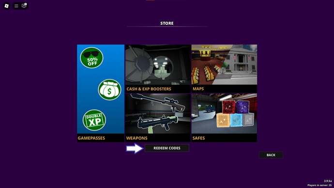 A screenshot of Notoriety in Roblox showing the game's codes button.