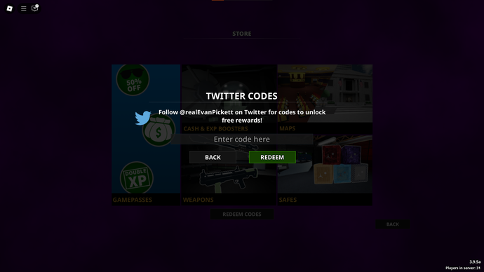 A screenshot of Notoriety in Roblox showing the game's codes field.