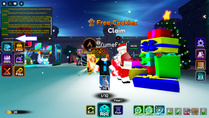 Zrzut ekranu Anime Card Master w Roblox przedstawiający okno czatu gry z tekstem "/kod [CODE]".