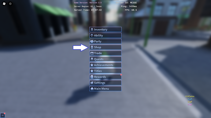 Une capture d'écran de A Universal Time dans Roblox montrant le bouton de boutique du jeu.