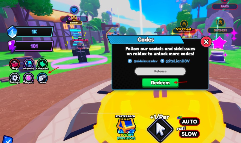 Option zum Einlösen von Anime Rush-Codes