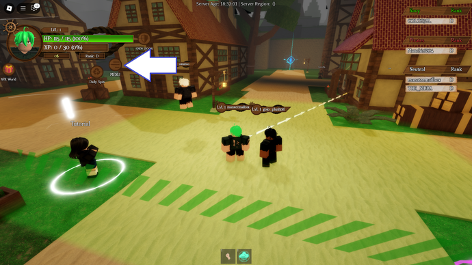 Ảnh chụp màn hình Arcane Seas trong Roblox hiển thị nút menu của trò chơi.