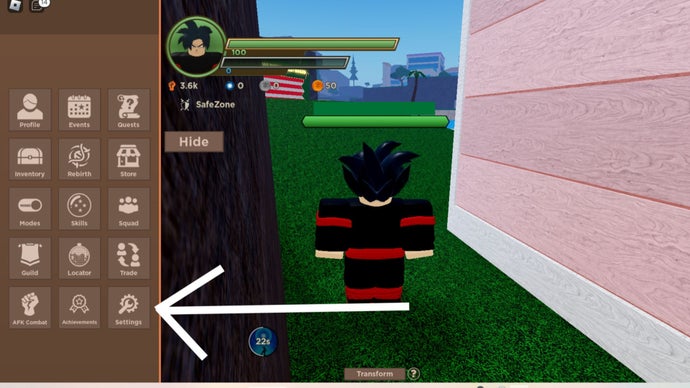 w menu głównym Dragon Blox strzałka wskazuje ikonę ustawień w menu.