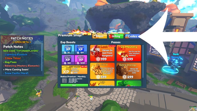 Arrow pointing at the codes button on the shop menu of Roblox game Elemental Dungeons.