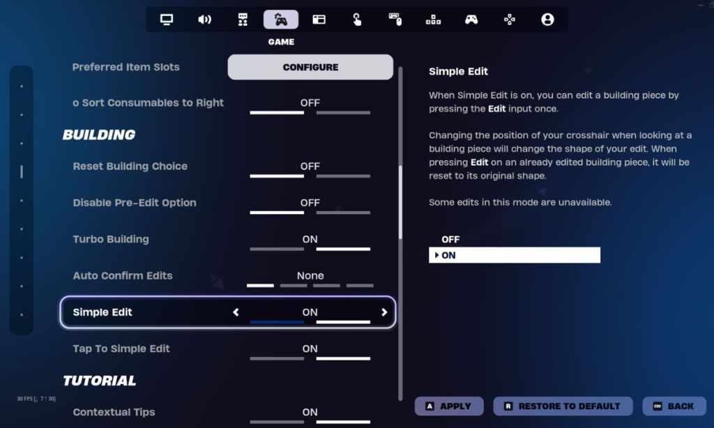 simple edit settings in fortnite