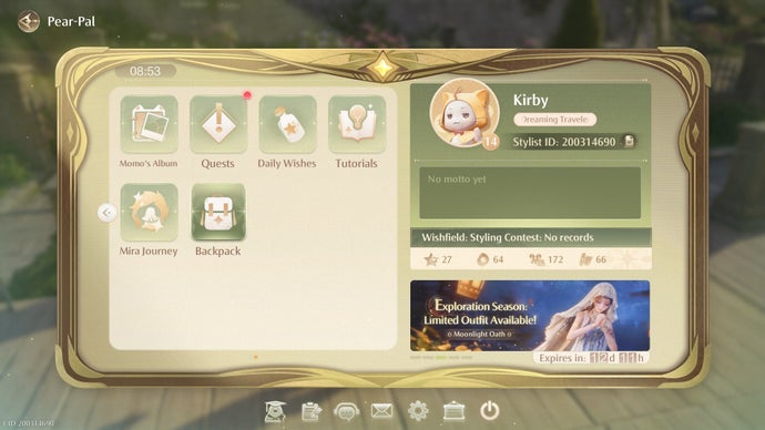 Il giocatore passa il mouse sopra l'icona dello zaino nel Pear Pal in Infinity Nikki
