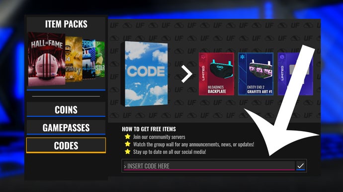 Flèche pointant vers le menu des codes dans Ultimate Football.