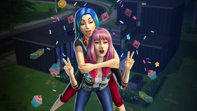 Yuki and Candy Behr pose in an affectionate sisterly embrace against a backdrop of cute emojis and their house in the background.