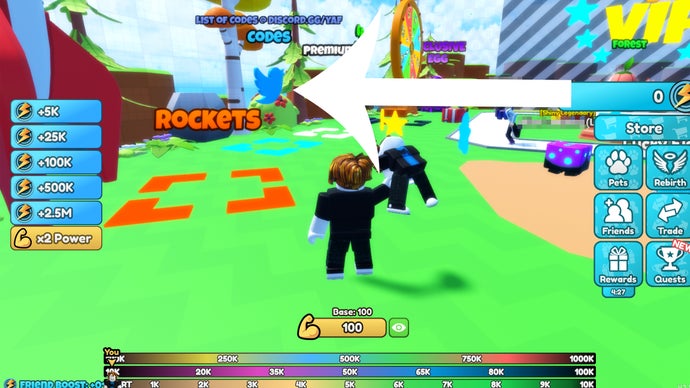Image montrant une flèche pointant vers le bouton sur lequel les joueurs doivent appuyer pour utiliser un code dans l'expérience Roblox Yeet a Friend.