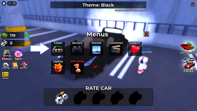 게임의 코드 버튼을 보여주는 Roblox의 Rate My Car 스크린샷.