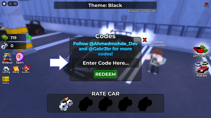 게임의 코드 페이지를 보여주는 Roblox의 Rate My Car 스크린샷.