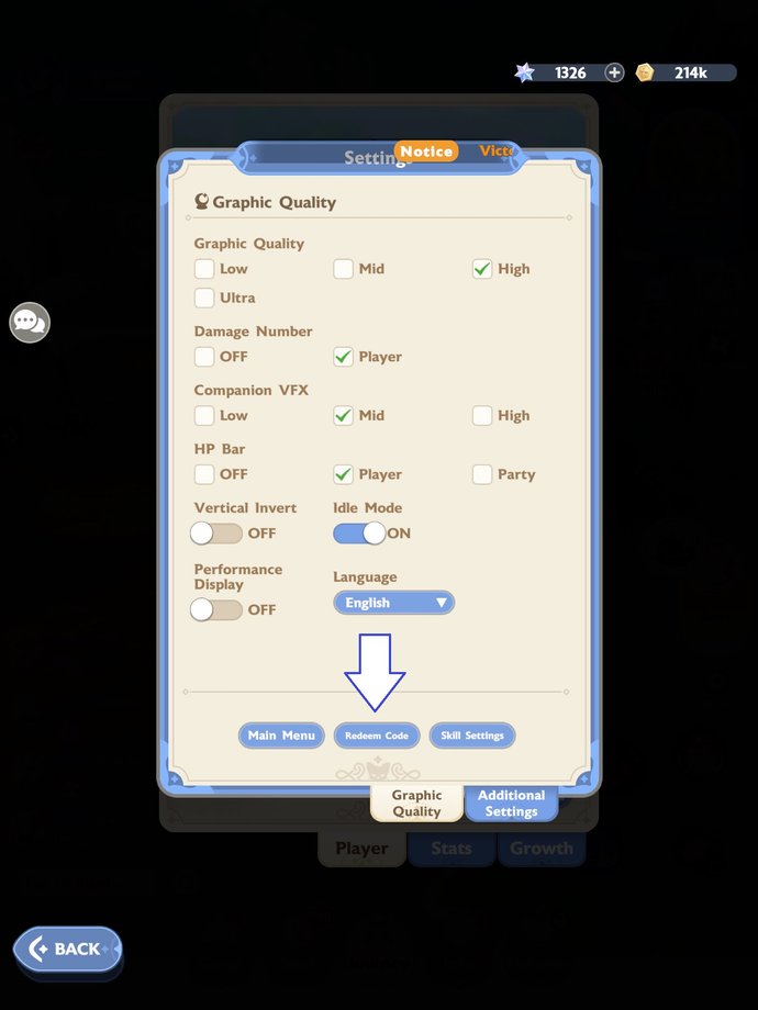 Uno screenshot di Go Go Muffin che mostra il pulsante Riscatta codice del gioco.