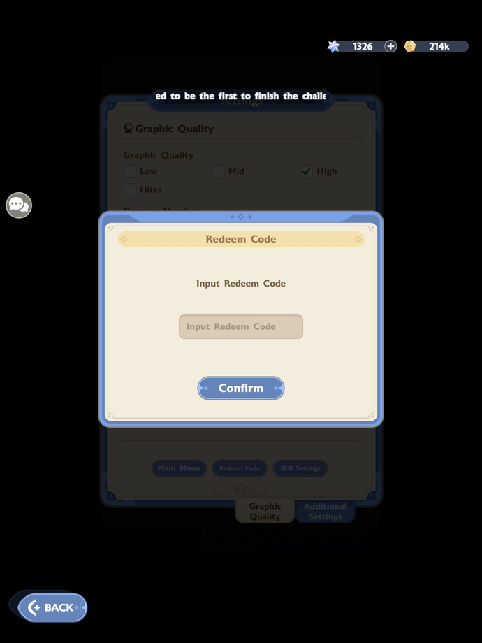 Il menu utilizzato per riscattare i codici nel gioco per cellulare Go Go Muffin.