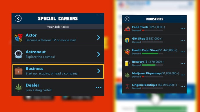 The options to start a business under 'Special Careers' is shown in Bitlife