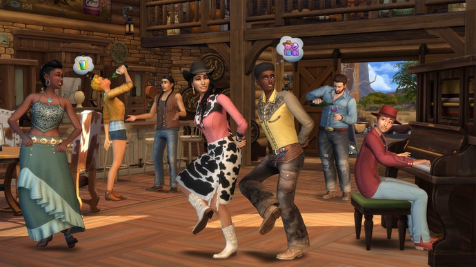 A group of Sims perform a cowpoke dance in a rustic-looking barn as one character plays piano in The Sims 4 Horse Ranch.