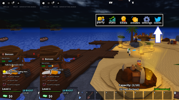 게임의 코드 버튼을 보여주는 Dig It in Roblox의 스크린샷.