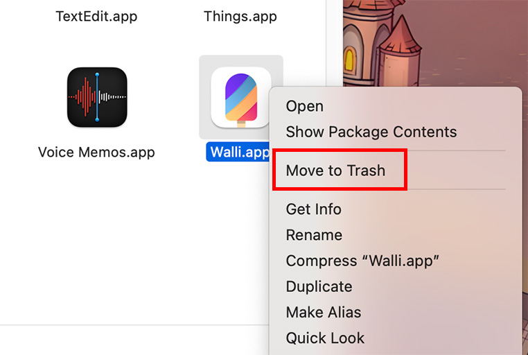 Mac Finder 앱의 Walli 앱에 대한 휴지통으로 이동 옵션
