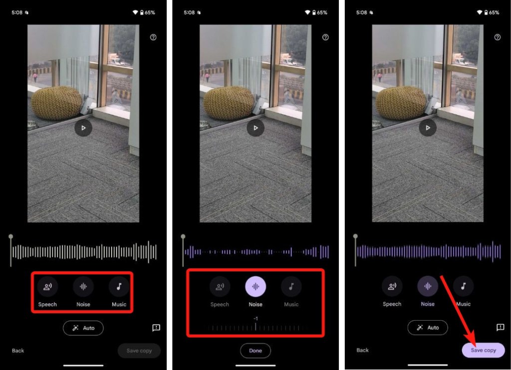 Opciones de borrado de borrador de audio de Google Photos y guardar opción de copia