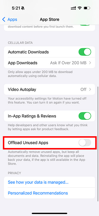 paramètre d'iPhone décharger les applications inutilisées