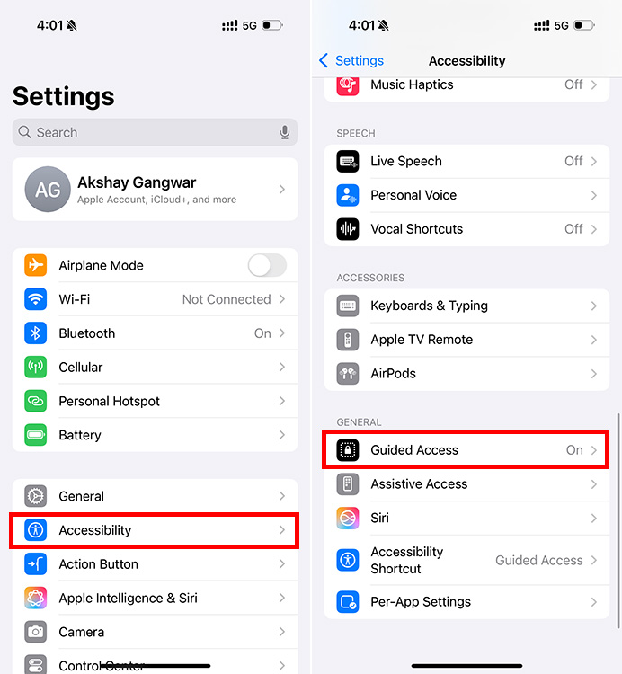 Aplicación de configuración de iPhone con configuración de accesibilidad y acceso guiado resaltado