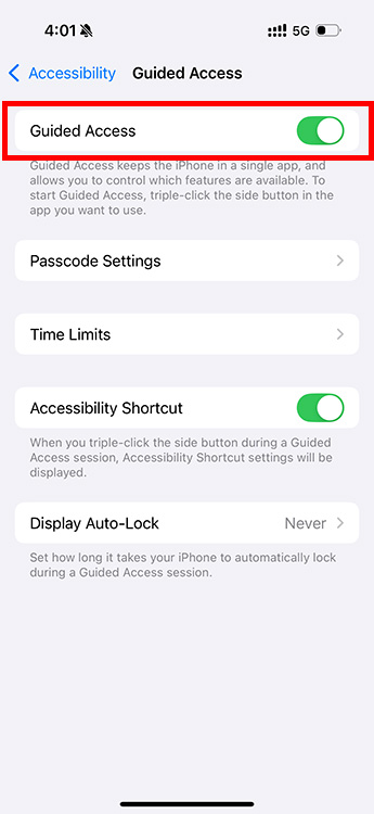 Habilitar el acceso guiado en iPhone