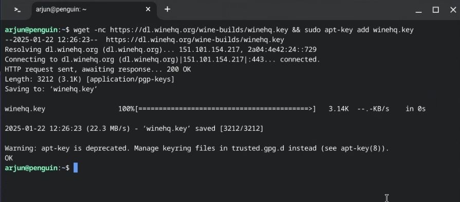 Téléchargez la clé de vins GPG sur Chromebook via Linux Terminal