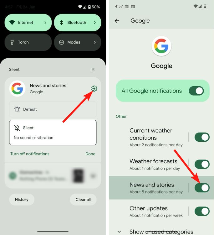 Section de notification des paramètres rapides Android avec paramètres de notification