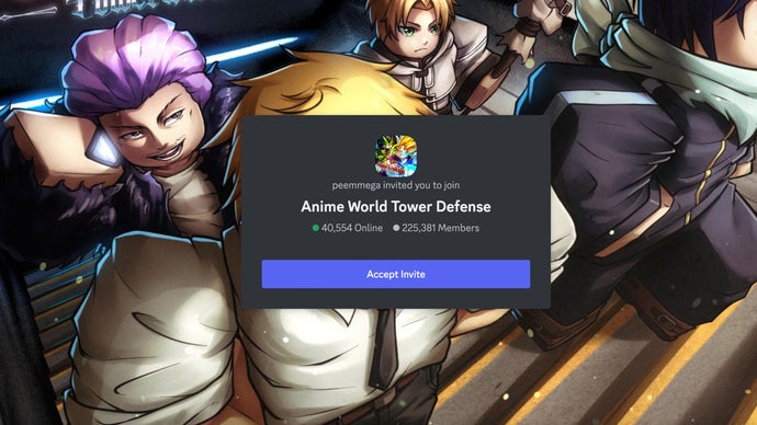 A Discord page showing an invite for the official Anime World Tower Defense server.