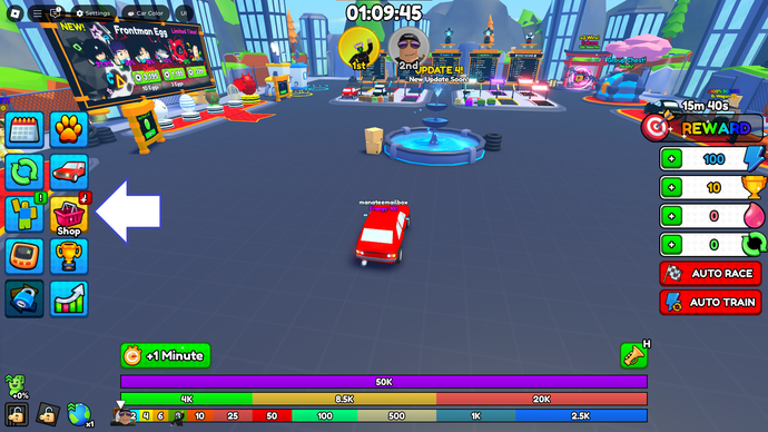 Zrzut ekranu przedstawiający szkolenie samochodowe w Roblox przedstawiający przycisk Sklepu w grze.