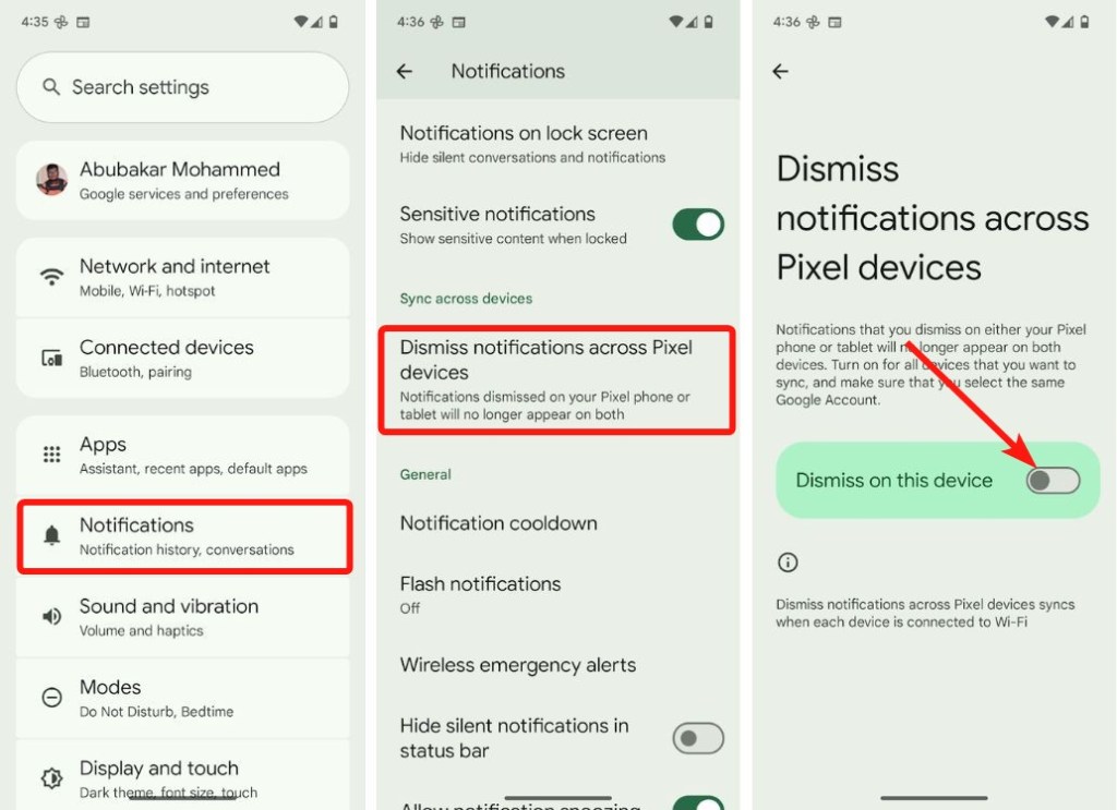 Paramètres de notification Android avec des notifications de désactivation sur la section des appareils Pixels