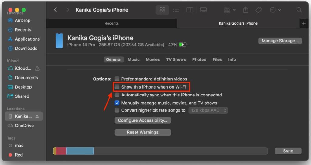 iPhone options in Finder with the