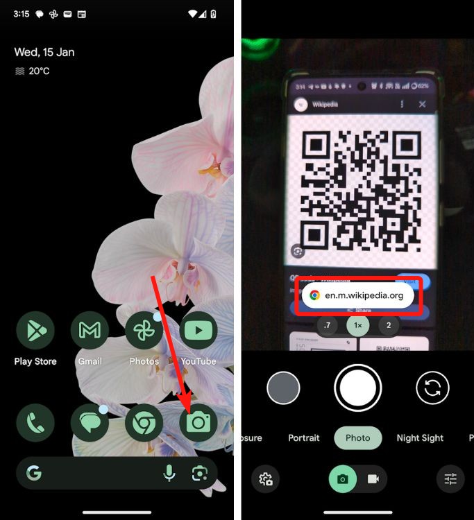 Écran d'accueil Pixel avec icône de la caméra et scanner de code QR