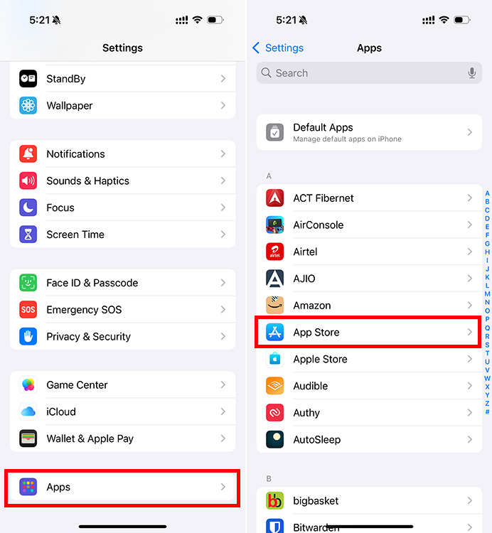 Paramètres iPhone Capture d'écran de l'application avec applications et options de paramètres d'applications