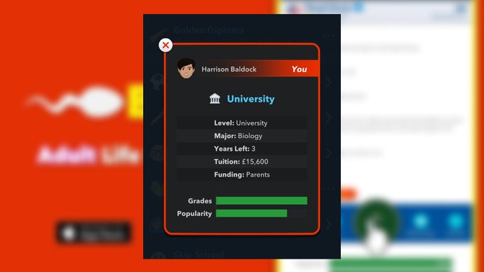 L'aperçu des études d'un personnage est présenté dans Bitlife, le montrant étudiant la biologie à l'université.