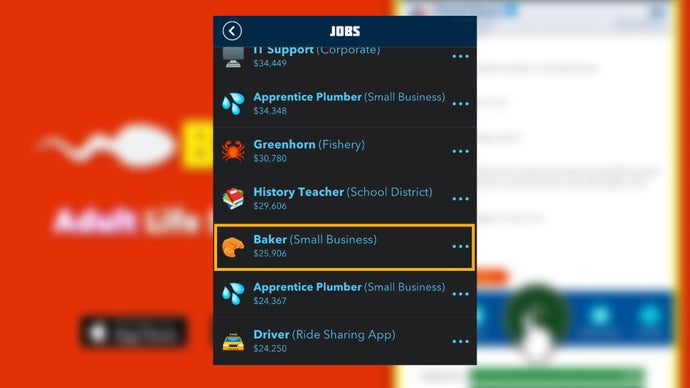 Le travail « Baker » est étiqueté dans la liste des emplois disponibles dans Bitlife
