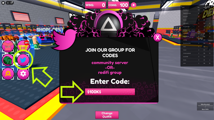 Ekran realizacji kodu w grze Roblox, Squid Game X, przedstawiający logo ptaka i hełm strażnika z trójkątną twarzą z gry.