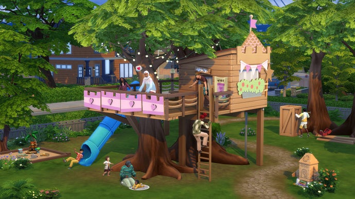 Một gia đình Sim lớn chơi trong và xung quanh một ngôi nhà trên cây trong The Sims 4 Growing Together.