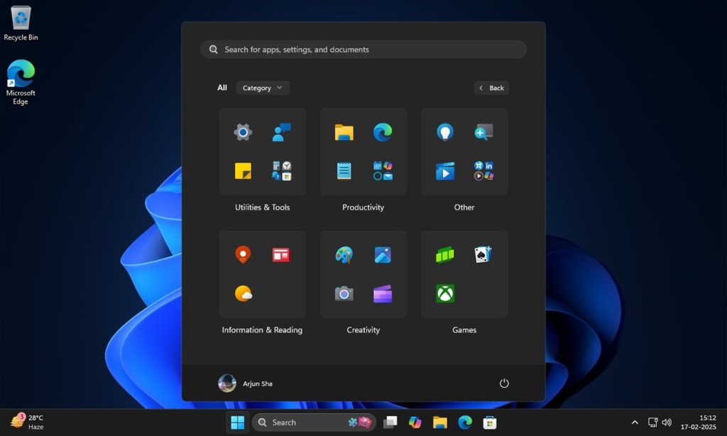 Nouvelle catégorie de menu de démarrage Affichage de Windows 11