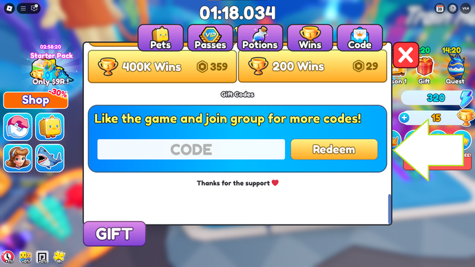 ゲームのコード画面を示すRobloxでの魚のトレーニングのスクリーンショット。
