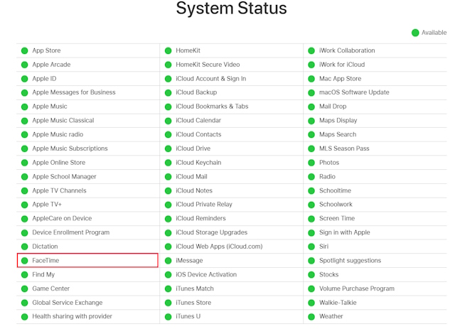 AppleシステムステータスページでFaceTimeを確認してください