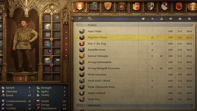 Menu sklepu pokazujące mikstury trawienne na sprzedaż w Kingdom Come Deliverance 2