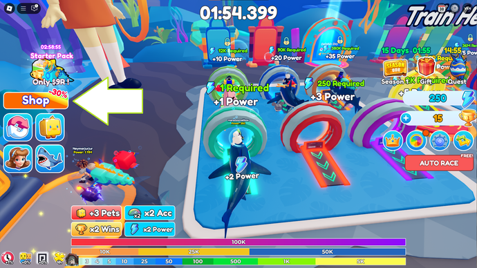 ゲームのショップボタンを示すRobloxでの魚のトレーニングのスクリーンショット。