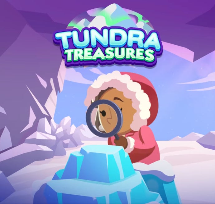 Artwork for the Monopoly Go Tundra Treasures event showing a female character using a magnifying glass to look at a block of ice.