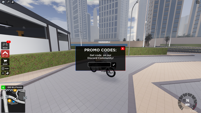 A screenshot from Moto Trackday Project in Roblox showing the game's codes page.