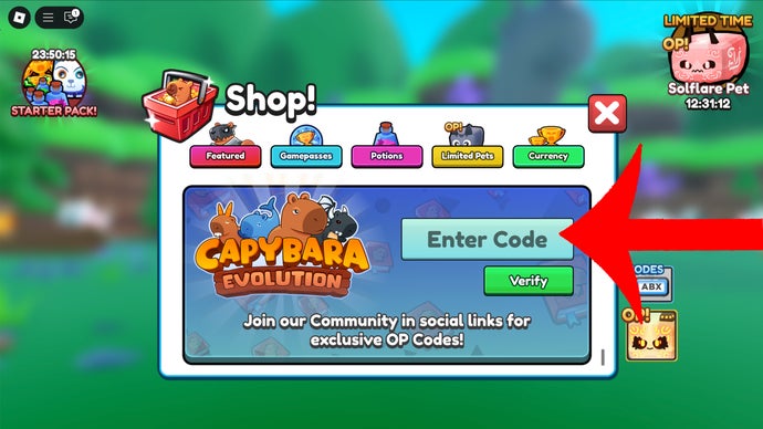 An arrow pointing at the codes menu in the Roblox game Capybara Evolution.
