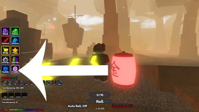 Arrow pointant sur le bouton des codes de la bataille de cartes anime du jeu Roblox.