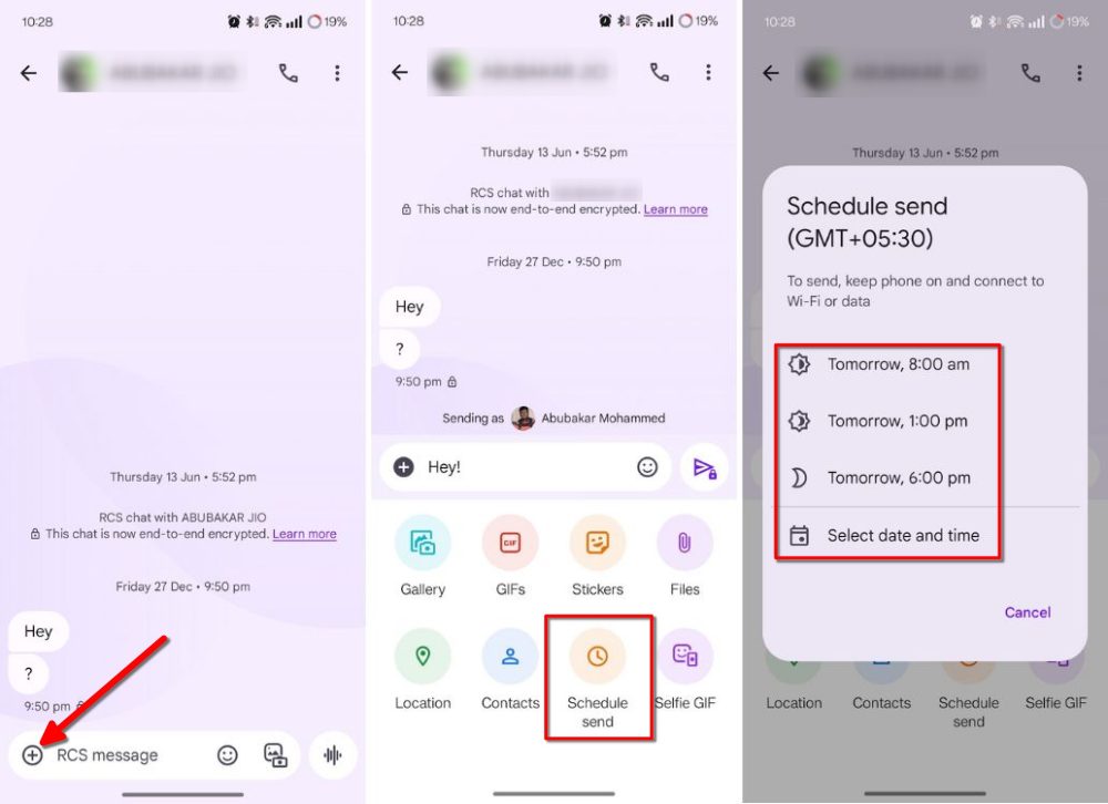 Click the plus icon to go start scheduling messages 