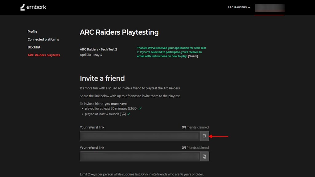 Arc Raiders PlayTesting Invite Friendsリンクページ